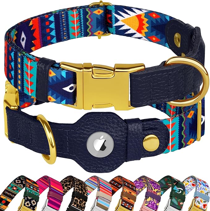 AirTag Dog Collar for Small Medium Large Breed - Adjustable Cute Pattern Dog Collar with Airtag Holder - Soft Leather Tracker GPS Apple Air Tag Pet Collars (Small, 12"-15" Neck Fit, Navajo)