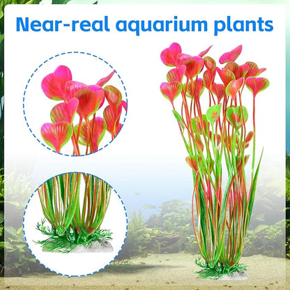 AQUANEAT Artificial Fish Tank Plants, Plastic Aquarium Accessories Large, 15.5 inch Pink Decorations, 2pcs