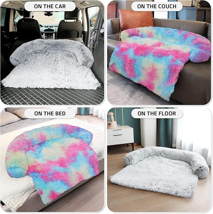 GGIB Calming Dog Bed Fluffy Plush Dog Mat for Furniture Protector with Removable Washable Cover for Large Medium Small Dogs and Cats (Large, Rainbow)