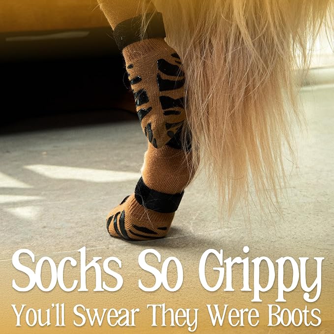 DOK TigerToes Premium Non-Slip Dog Socks for Hardwood Floors - Extra-Thick Grip That Works Even When Twisted - Prevents Licking, Slipping, and Great for Dog Paw Protection (Cool Caramel, X-Small)