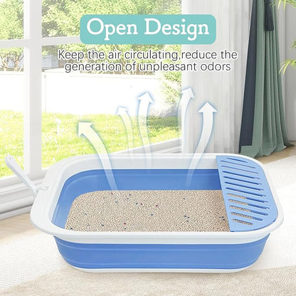 Fhiny Cat Litter Box Portable Shallow Litter Box 17.7"x13.4"x4.9" Foldable Cat Toilet with Scoop Open Kitty Potty Pan with Litter Drop Pedal Easy to Clean Travel Kitten Toilet(Blue)