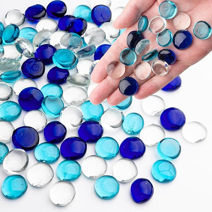 1LB Mixed Blue Glass Marbles, Transparent and Smooth Flat Glass Beads for Vases, Mosaic Gem Pebbles for Aquarium Decor, Floral Arrangements, Mancala Stones, Vase Filler and Crafts (Approx. 80-100 PCS)
