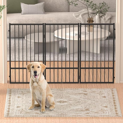 Full Metal Freestanding Dog Gate with Door, 36''Height Foldable Pet Dog Fence for Indoor & Outdoor, 3 Panels Extra Wide Free Standing TallDog Gates for Doorways,House,Stairs,Porch,Deck,Yard