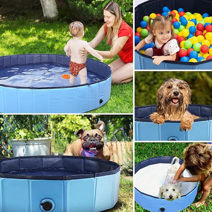 Foldable Dog Bath Swimming Pool Plastic Kiddie Pool Professional Tub Collapsible Grooming Bathtub for Pets Kids Baby and Toddler, 63 x 12 Inches Blue