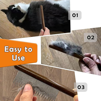 3 Pack Solid Wood Cat Combs, Stainless Steel Teeth for Cat Dog Rabbit Massage, Flea Lice Comb Removes Mats, Tangles and Loose Fur, Grooming Comb for Small Medium Pets
