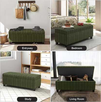 48" Green Ottoman with Storage, Corduroy Storage Ottoman Bench for Bedroom, End of Bed Bench with Safety Hinge for Living Room, Entryway