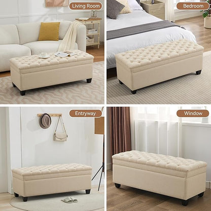 51" Fabric Storage Ottoman Bench, Upholstered Rectangle End of Bed Storage Ottoman Tufted Living Room Bedroom Bench with Safety Hinge, Solid Wood Legs, Loads 500 lb(Khaki)