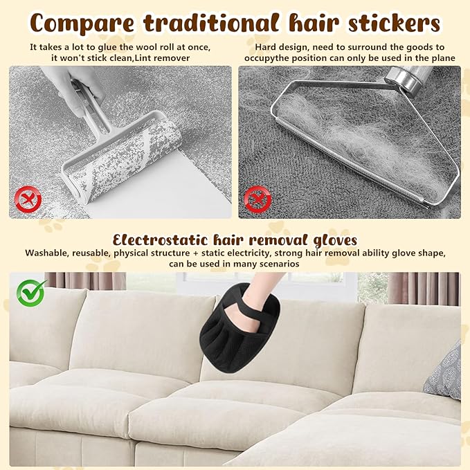 2 Pack Pet Hair Remover Gloves,2025 Upgraded Static Removal Gloves, for Pet Hair, Cat & Dog Hair Removal Tool for Couch,Furniture, Carpet, Car Seat, Pet Grooming