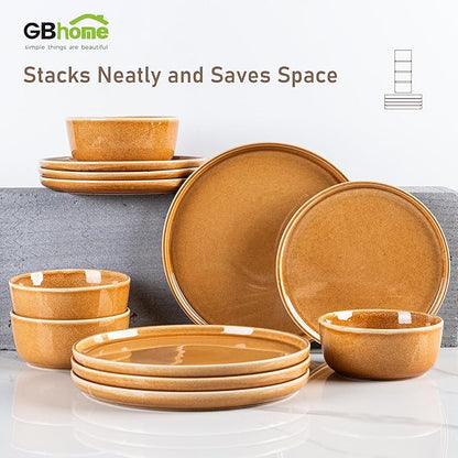 GBHOME Ceramic Dinnerware Sets for 4, 12 Pieces Stoneware Plates and Bowls Sets, Scratch Resistant Dishes, Dishwasher & Microwave Safe, Reactive Glaze-Amber