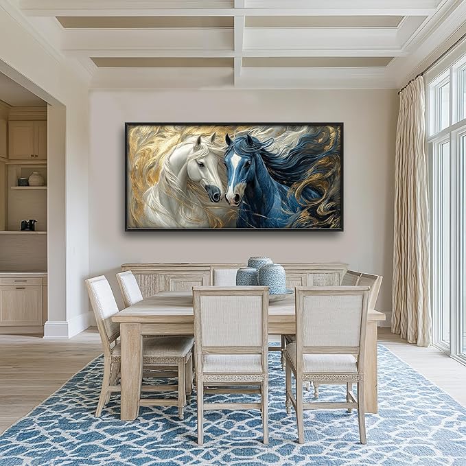 Framed Large Horse Wall Art for Living Room, Oversized Abstract Horses Wall Decor Blue and Golden Canvas Painting Animal Pictures Modern Artwork for Living Room Bedroom Office 60"x30"