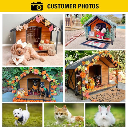 Aivituvin Dog House with Anti-Chewing Metal Frame Outdoor Large Wooden Dog Kennel Outside with Overhang Roof Large Porch Weatherproof