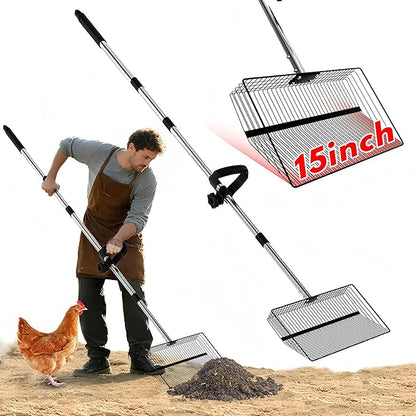 15inch Large Chicken Poop Scooper, 2 Slot Widths (0.16"&0.28"), 39" to 76" Adjustable Stainless Steel Handle, Sifting Litter Shovel for Chicken Coop/Stables/Farm Cleaning(with Effortless Grip)