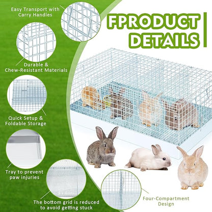 Folding Rabbit Cage, 28 x 16 x 12 in Portable Bunny Carrier with Tray and Handles for Transport, Travel or Temporary Housing, Indoor Outdoor Pet Habitat Animal Enclosure