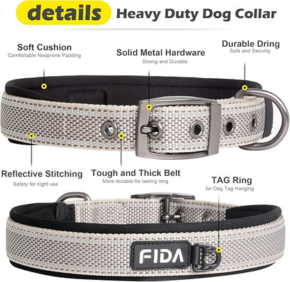 Fida Heavy Duty Dog Collar, Ultra Comfortable Soft Neoprene Padded, Adjustable Reflective Nylon Pet Collar with Durable Metal Belt Buckle for Medium Breeds (M, Grey)