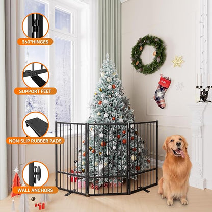 Full Metal Freestanding Dog Gate with Door, 36''Height Foldable Pet Dog Fence for Indoor & Outdoor, 3 Panels Extra Wide Free Standing TallDog Gates for Doorways,House,Stairs,Porch,Deck,Yard