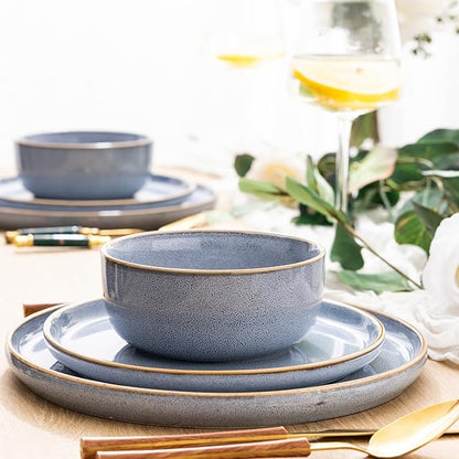 GBHOME Ceramic Dinnerware Sets for 8, 24 Pieces Stoneware Plates and Bowls Sets, Scratch Resistant Dishes, Dishwasher & Microwave Safe, Reactive Glaze-Brunnera Blue