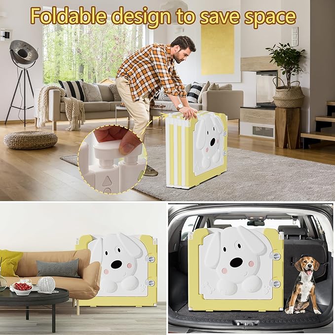 Foldable Dog Play Pen Indoors, Non-Slip Sturdy Puppy Playpen with Door, 25.5" H 10-Panel Adjustable Shape Dog Fence Pen for Small/Medium Dogs, Thickened, Easy to Store, White+Yellow