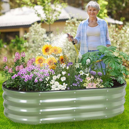 Galvanized Raised Garden Bed Outdoor - 4×2×1ft Planter Raised Beds for Gardening | Oval Metal Garden Planter Box with Safety Edging and Gloves for Vegetables Fruits and Flowers OliveGreen