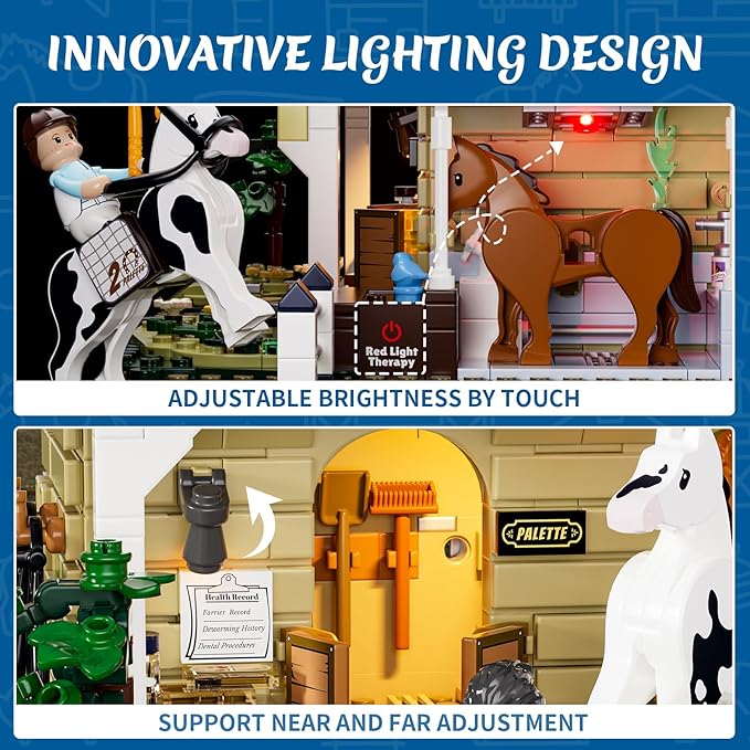 FUNWHOLE Farm Horse-Stable Lighting-Building-Bricks Set - Farm Life Horse Animals Cabin Collection LED Light Cottage Model Display Set 973 Pcs for Adults and Teen