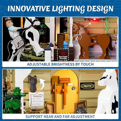 FUNWHOLE Farm Horse-Stable Lighting-Building-Bricks Set - Farm Life Horse Animals Cabin Collection LED Light Cottage Model Display Set 973 Pcs for Adults and Teen