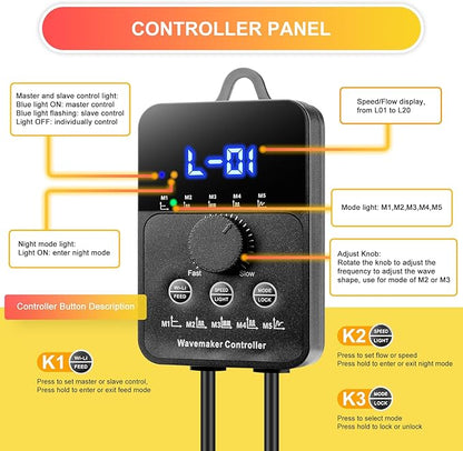 3400GPH Aquarium Wave Maker DC24V Power head with Magnetic Mounting,Wavemaker with Controller for 100-200 Gallon Fish Tanks