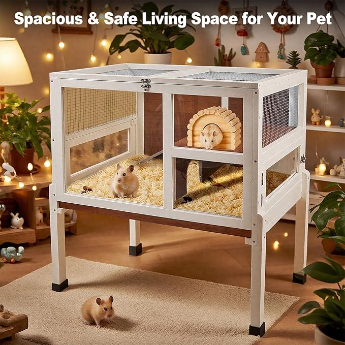 2-Story Guinea Pig Cage with Stand, Indoor Wooden Hamster Cage with Ramp, Pull-Out Tray, Hideout & Platform, Acrylic Transparent Small Animal Habitat for Chinchillas, Ferrets, Hedgehogs, Walnut