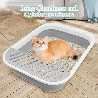 Fhiny Cat Litter Box Portable Shallow Litter Box 17.7"x13.4"x4.9" Foldable Cat Toilet with Scoop Open Kitty Potty Pan with Litter Drop Pedal Easy to Clean Travel Kitten Toilet(Gray)