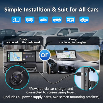 Apple carplay & Android Auto,Wireless Double din 10.26 inch Dash Cam with Front Camera and Backup Camera.GPS Navigation,Mirror Link/Voice Control/Bluetooth for Car RV Pickup Bus Trailer.etc