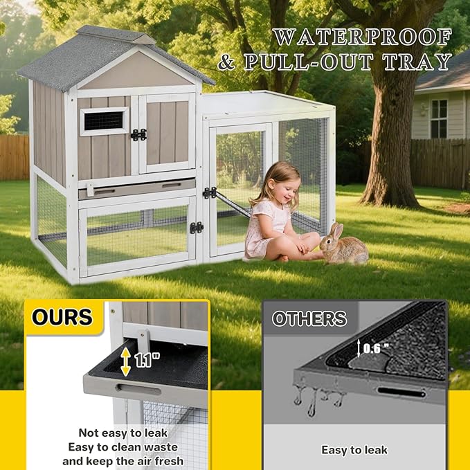 94''L Rabbit Hutch Outdoor Chicken Coop with Run, Wooden Indoor 2 Story Bunny House with Waterproof Roof, Pull Out Tray, Guinea Pig Rabbit Duck Cage for Small to Medium Animals and Pet Lover, Gray