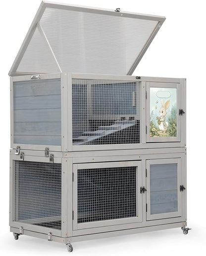 2-Story Wooden Rabbit Hutch for Outdoor & Indoor, Bunny Cage Rabbit House with Wheels, Trays, Ramp, Pet Home for Guinea Pigs, Chickens, Chicken Coop, Gray with Colorful Patterns