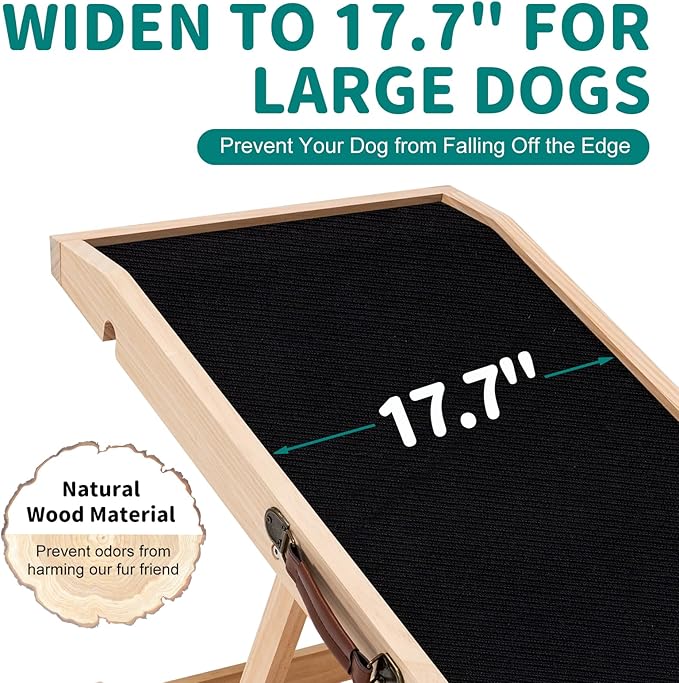 Dog Ramp for Bed, Adjustable Pet Ramps for Dog to Get on Bed, Non-Slip Rubber Surface - Folding Wooden Dog Ramp for Small/Large/Old Dogs, Adjustable up to 19.5 inch High Beds