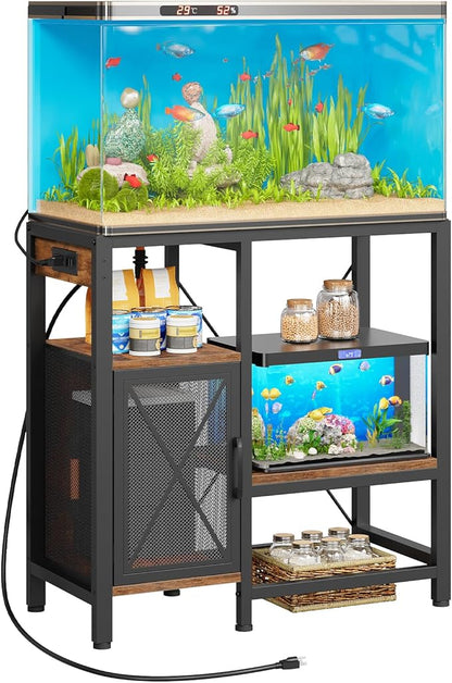 20-37 Gallon Fish Tank Stand, Aquarium Stand with Power Outlet and Storage Cabinet, Heavy Duty Tank Stand Suitable for Turtle Tank, Reptile Terrarium, for Home Office, Rustic Brown FTHR40E01