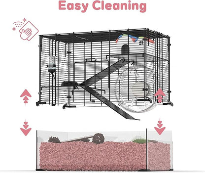 3-Tier Glass Hamster Tank, Large Hamster Cage Habitat with 11inch Big Running Wheel for Rat, Mouse, Gerbil, Syrian Hamster, 370 SQ INCHES