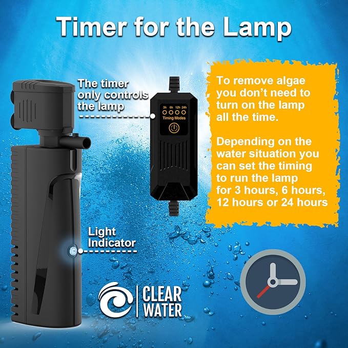 AquaMiracle Aquarium Filter with U - V Light & Pre-Filter Sponge, Fish Tank Filter with Timer for Green Water, Green Clean Machine Turtle Filter with Aeration for Aquarium and Pond 10-40 Gallon