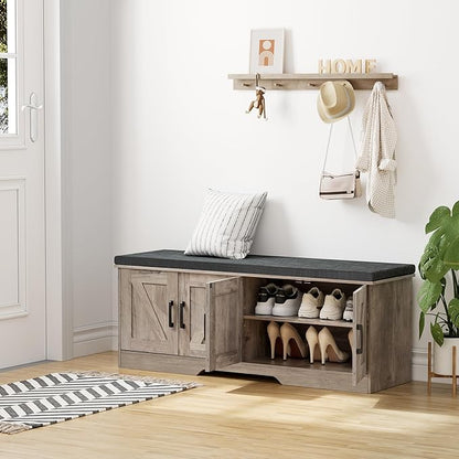 2-Tier Storage Bench, Shoe Bench with Padded Seat Cushion, Entryway Bench with 4 Barn Doors, Adjustable Shelf, 13.8" D x 47.2" W x 17.7" H, for Entryway, Living Room, Bedroom, Greige