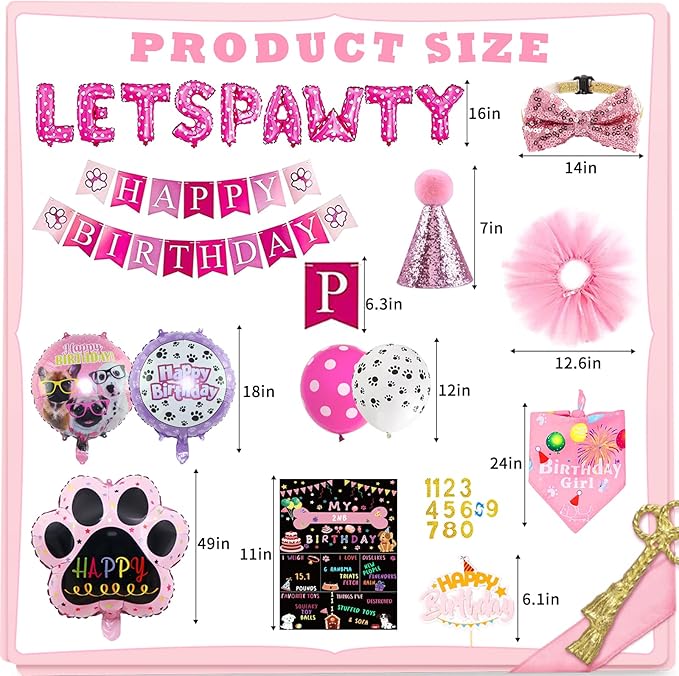 Dog Party Supplies Decorations - Cute Bandana, Let's Pawty Banner, Cake Topper, Hat, Pink Bowtie, Tutu Skirt, Paw Balloon for Birthday Celebration