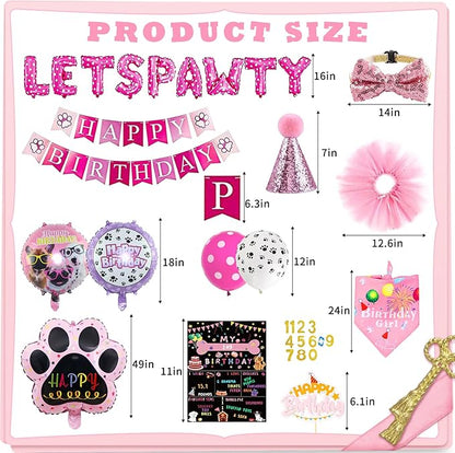 Dog Party Supplies Decorations - Cute Bandana, Let's Pawty Banner, Cake Topper, Hat, Pink Bowtie, Tutu Skirt, Paw Balloon for Birthday Celebration