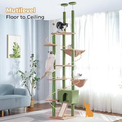 Floor to Ceiling Cat Tree Tall Cat Tower with Adjustable Height (81.8-108 Inches) with Fully Scratching Post Private Condo and Hammock for Indoor Cats (Green, Triple Dule Posts)