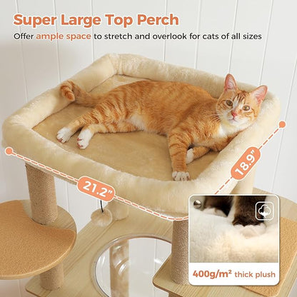 71" Tall Wood Cat Tree for Large Cats, Modern Cat Tower with 2 Acrylic Bowls, Large Top Perch, Spacious Cat Cave (Soft Cushion Included), 10 Sisal Scratching Posts and Non-Slip Jump Platforms