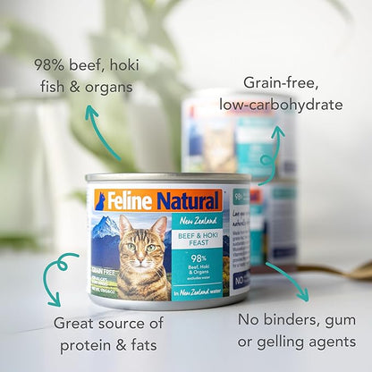 Feline Natural New Zealand Canned Catfood Wet Food, High-Meat, Low-Carb, & Grain Free Cat Food Wet, Beef & Hoki Feast, 6 oz, Pack of 12