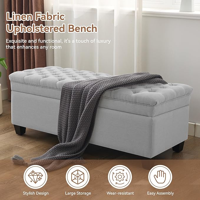 51" Fabric Storage Ottoman Bench, Upholstered Rectangle End of Bed Storage Ottoman Tufted Living Room Bedroom Bench with Safety Hinge, Solid Wood Legs, Loads 500 lb(Light Grey)