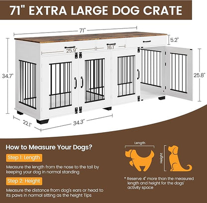 71 Inch Dog Crate Furniture for 2 Rooms, Wooden Double Crate Large Breed with Door, Dog Kennel Indoor, TV Stand End Table with Divider for Large Medium Dogs,White/Brown