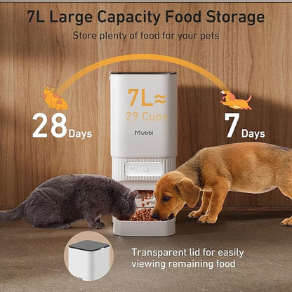 7L/29 Cups Automatic Dog Feeder, 5G WiFi Auto Cat Feeder with Desiccant Bag, Cat Food Dispenser, App Remote Feeding, Stainless Steel Bowl, Dual Power Supply, Ideal for 2-15mm Dry Food