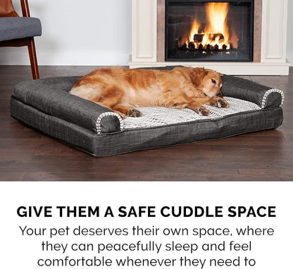Furhaven Cooling Gel Dog Bed for Large Dogs w/ Removable Bolsters & Washable Cover, For Dogs Up to 125 lbs - Luxe Faux Fur & Performance Linen Sofa - Charcoal, Jumbo Plus/XXL