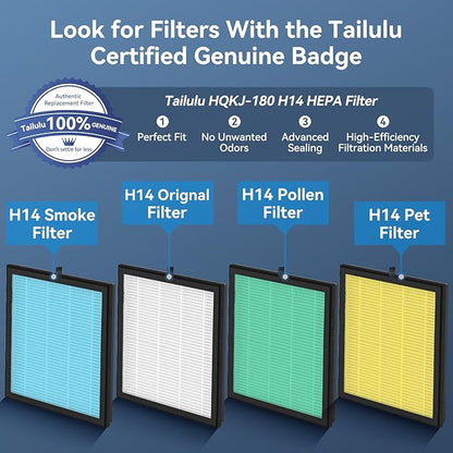 Air Purifiers for Home Large Room up to 2200ft², PM2.5 Air Quality Sensor Smart Mode, 20dB Sleep Mode & Night Light, H14 HEPA Filter Air Purifiers for Bedroom, Pets, Dust, Pollen, Tailulu HQKJ-180