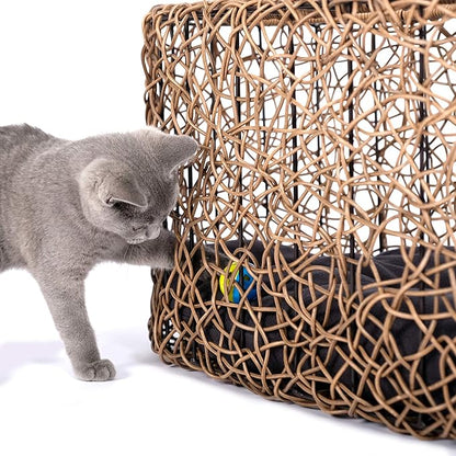 Fun Stackable Cat Condo for Indoor Cats - Interactive Play Faux Rattan Cat House for Indoor Cats Kitty, Pet Friendly Top/Side House Entry, Cat Bed Enclosed