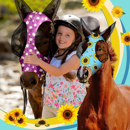 Frienda 4 Pieces Horse Fly Masks with Ears Face Covering UV Protection from Insect Pests Elasticity Smooth Comfortable Mesh Horse Mask Accessories(Flower,Medium)