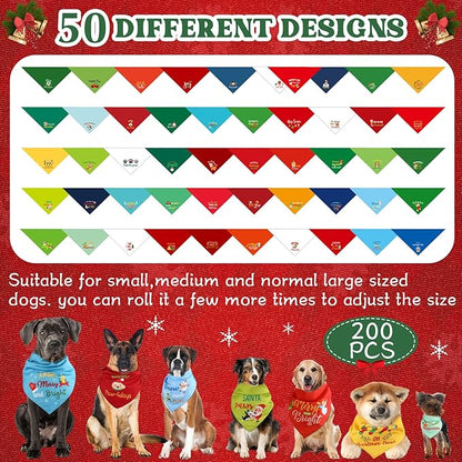 200 Pcs Christmas Dog Bandana Bulk with Sayings Pet Bandanas Triangle Scarf Bibs Washable Puppy Kerchief Adjustable Grooming Supplies for Small Medium Large Dog Cat Costume Accessories