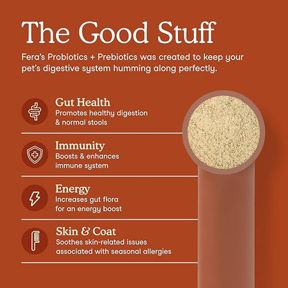 Fera Pets Probiotics for Dogs & Cats with Prebiotics - USDA Organic - Gut Health Powder Supplement with 12 Strains and 5 Billion CFUs - Supports Immunity, Energy and Skin & Coat - 60 Scoops