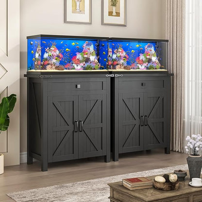 20 Gallon Aquarium Stand With Charging Station, Farmhouse Fish Tank Stand, Reptile Tank Stand Terrarium Stand with Drawer and Cabinet Storage, Sturdy Heavy Duty 27.6"×15.7" Tabletop - Black